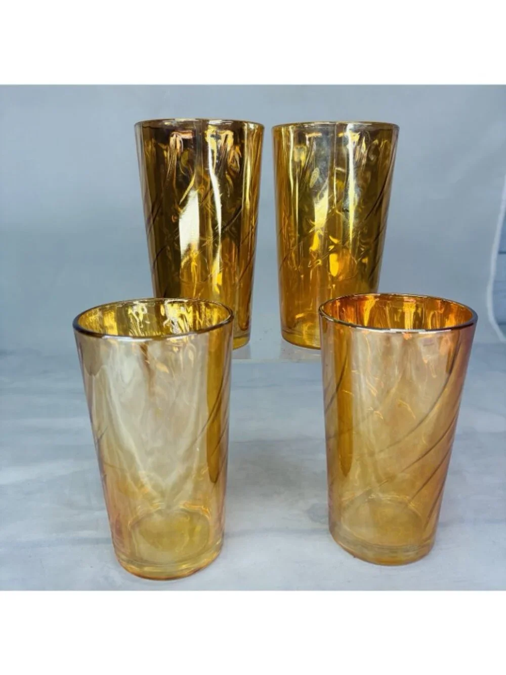 Optic Lusterware MARIGOLD SWIRL Iridescent Carnival 10oz Drinking Glasses Set 4